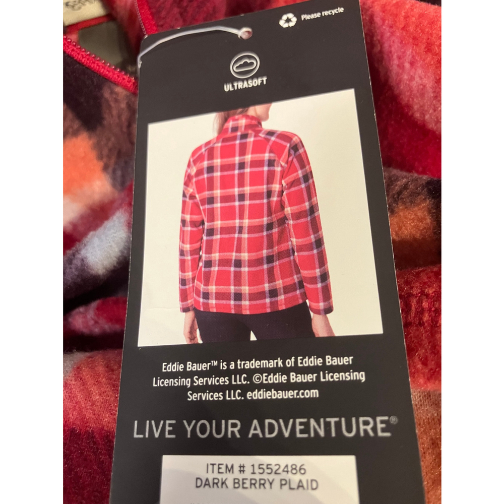 Eddie Bauer Dark Berry Red Plaid Lightweight Fleece 1/4 Zip Size M NEW - Picture 4 of 11